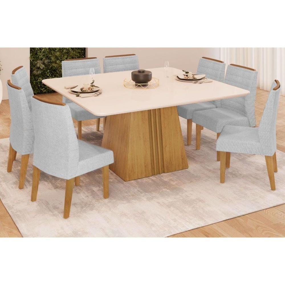 Sala de Jantar Completa Itália Tampo Madeirado c/ Vidro Curvo 136x136cm e 8 Cadeiras Ondina Cedro/Off White - Linho Neve - DJ Móveis - 1