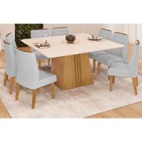 Sala de Jantar Completa Itália Tampo Madeirado c/ Vidro Curvo 136x136cm e 8 Cadeiras Ondina Cedro/Off White - Linho Neve - DJ Móveis - 1