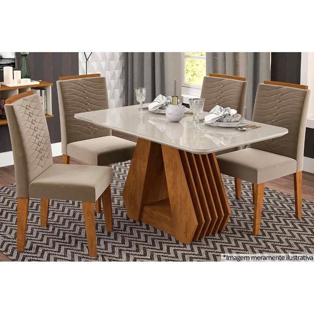 Sala de Jantar Completa Ágata c/ Tampo Madeirado 130cm e 4 Cadeiras Clarice Savana-Nature-Madeirado/Off White -Suede Joli Cap - Cimol - 1