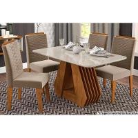 Sala de Jantar Completa Ágata c/ Tampo Madeirado 130cm e 4 Cadeiras Clarice Savana-Nature-Madeirado/Off White -Suede Joli Cap - Cimol - 1