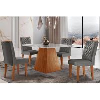 Sala de Jantar Completa Luna c/ Tampo Madeirado c/ Vidro Canto Curvo 90x90cm e 4 cadeiras Jade Imbuia/Off White - Suede Grafite - Rufato - 1