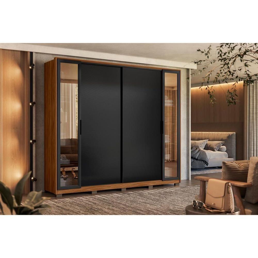 Guarda Roupa Solteiro 4 Portas de Correr e 4 Gavetas c/ 2 Vidros Reflecta e Pés Laredo Flex Nogueira/Nogueira ou Preto - Demóbile - 1