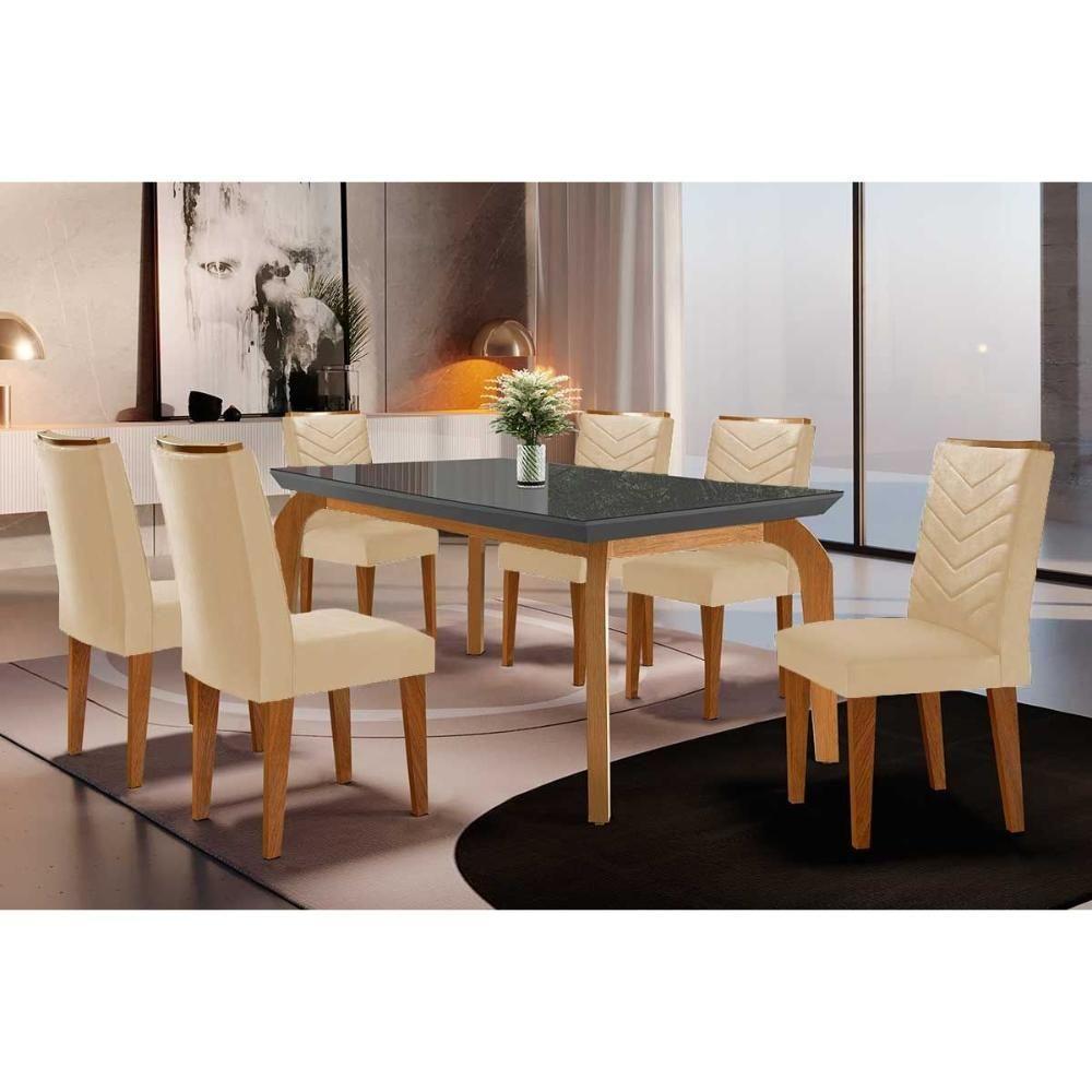 Sala de Jantar Completa Londrina Tampo Madeirado c/ Vidro Curvo 180x90 e 6 Cadeiras Londrina Imbuia/Veludo Creme/Pérola - Rufato - 1