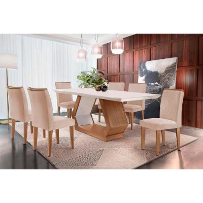 Sala de Jantar Completa Alvorada c/ Tampo Madeirado Canto Reto 180x90cm e 6 Cadeiras Amsterdã Imbuia/Off White - Suede Creme - Rufato