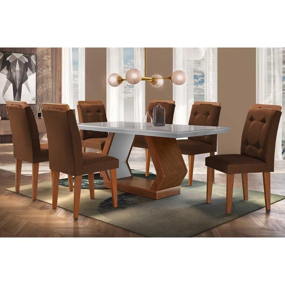 Sala de Jantar Completa Alvorada Tampo Madeirado c/ Vidro Canto Reto 180x90cm e 6 Cadeiras Imperatriz Imbuia/Off White - Veludo Marrom - Rufato - 1