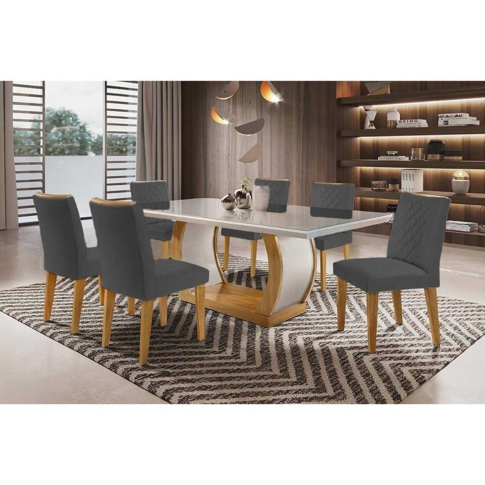 Sala de Jantar Completa Jade Tampo Madeirado c/ Vidro Canto Curvo 180x90cm e 6 Cadeiras Jade Imbuia/Off White - Linho Grafite - Rufato - 1