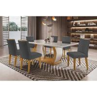 Sala de Jantar Completa Jade Tampo Madeirado c/ Vidro Canto Curvo 180x90cm e 6 Cadeiras Jade Imbuia/Off White - Linho Grafite - Rufato - 1