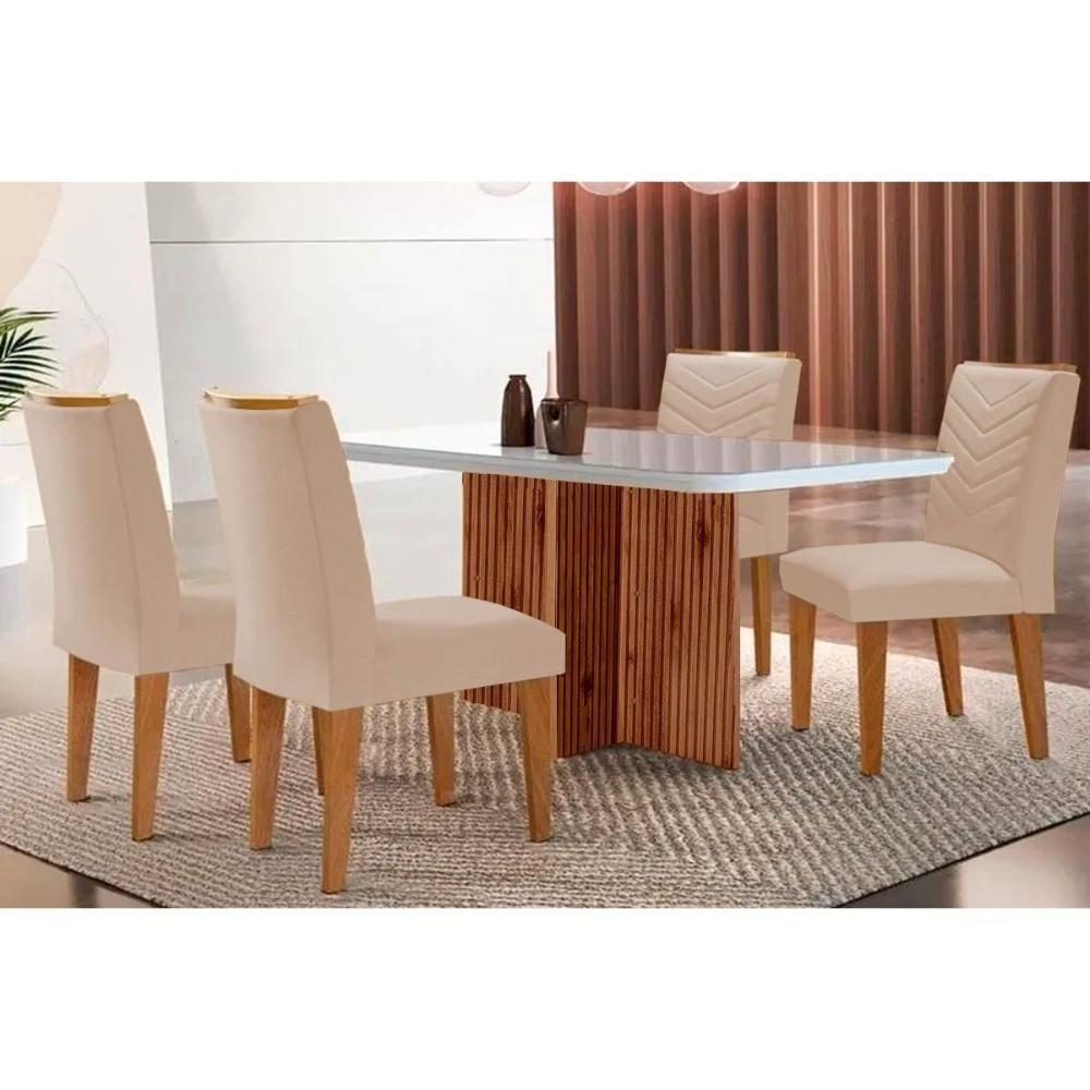 Sala de Jantar Completa Berlim c/ Tampo Madeirado Vidro Canto Curvo 120x80cm e 4 Cadeiras Londrina Imbuia/Off White - Suede Creme - Rufato - 1