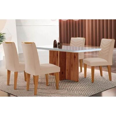 Sala de Jantar Completa Berlim c/ Tampo Madeirado Vidro Canto Curvo 120x80cm e 4 Cadeiras Londrina Imbuia/Off White - Suede Creme - Rufato