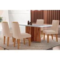 Sala de Jantar Completa Berlim c/ Tampo Madeirado Vidro Canto Curvo 120x80cm e 4 Cadeiras Londrina Imbuia/Off White - Suede Creme - Rufato - 1