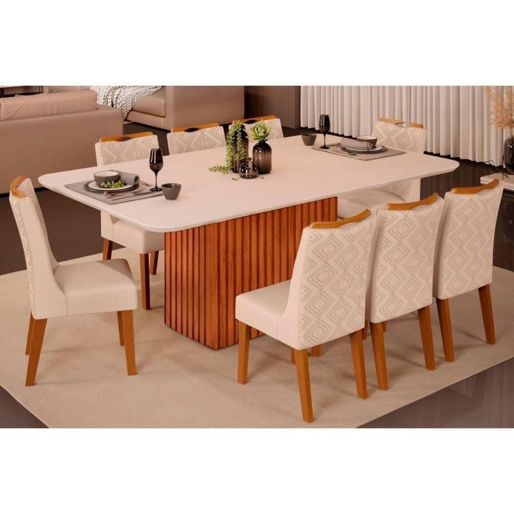 Sala de Jantar Completa Canes Tampo Madeirado c/ Vidro Curvo 200x100cm e 8 Cadeiras Stela Freijo/Off White - Ipe/Linho Neve - DJ Móveis - 1