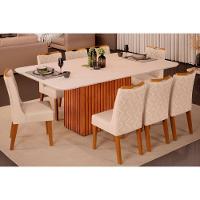 Sala de Jantar Completa Canes Tampo Madeirado c/ Vidro Curvo 200x100cm e 8 Cadeiras Stela Freijo/Off White - Ipe/Linho Neve - DJ Móveis - 1