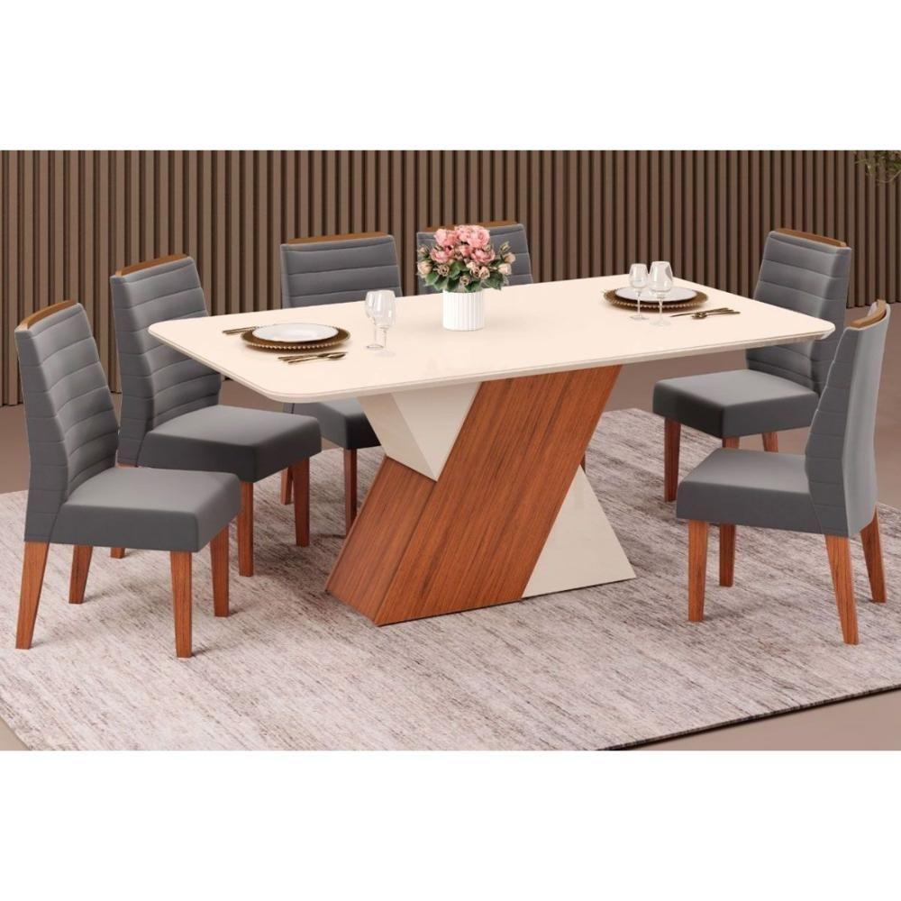 Sala de Jantar Completa Rubi Tampo Madeirado c/ Vidro Canto Reto 170x90cm e 6 Cadeiras Ondina Freijo/Off White/Off White - Suede Lunar - DJ Móveis - 1