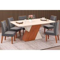 Sala de Jantar Completa Rubi Tampo Madeirado c/ Vidro Canto Reto 170x90cm e 6 Cadeiras Ondina Freijo/Off White/Off White - Suede Lunar - DJ Móveis - 1