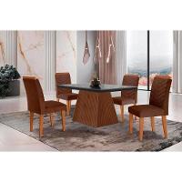 Sala de Jantar Completa Luna c/ Tampo Madeirado Vidro Canto Curvo 120x80cm e 4 cadeiras Londrina Imbuia/Grafite - Suede Marrom - Rufato - 1