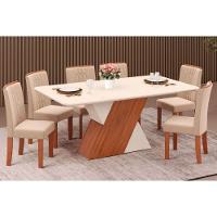 Sala de Jantar Completa Rubi Tampo Madeirado c/ Vidro Canto Reto 170x90cm e 6 Cadeiras Zoe Freijo/Off White/Off White - Suede Creme - DJ Móveis - 1