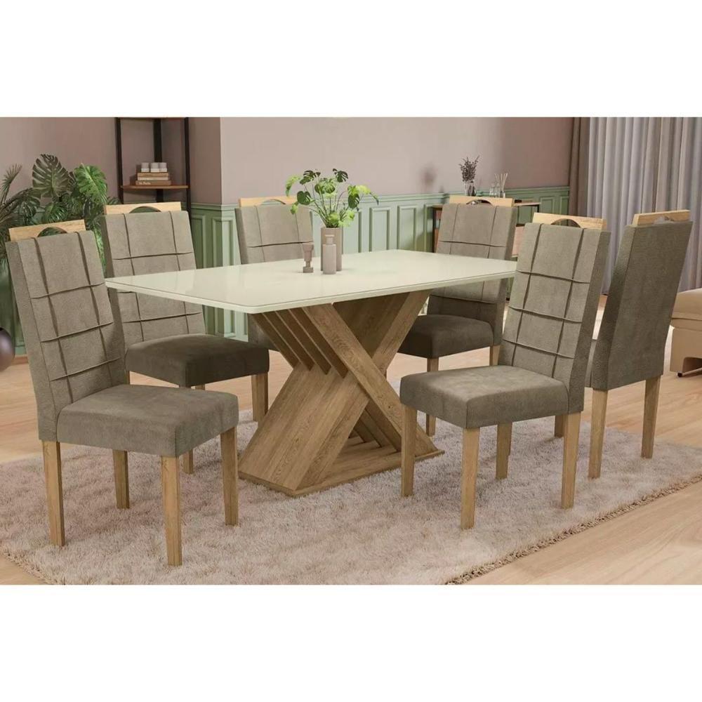 Sala de Jantar Completa Graviola Tampo Madeirado c/ Vidro 90x160cm e 6 Cadeiras 2CAD150 Freijo/Off White/Vidro Off White - Eucalipto/V - Kappesberg - 1