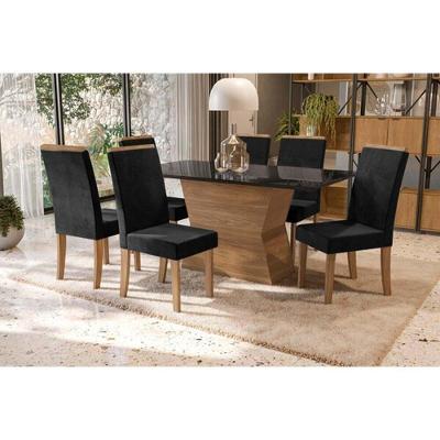 Sala de Jantar Completa Tília Tampo Madeirado c/ Vidro 90x160cm e 6 Cadeiras 2CAD142 Nogueira/Preto fosco/Vidro preto - Suede Pret - Kappesberg