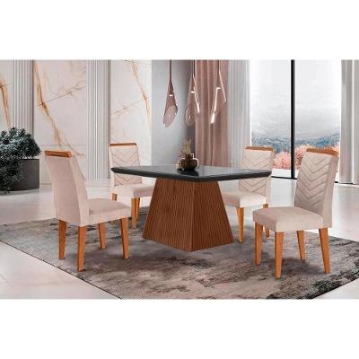 Sala de Jantar Completa Luna c/ Tampo Madeirado c/ Vidro Canto Curvo 120x80cm e 4 cadeiras Londrina Imbuia/Grafite - Suede Creme - Rufato