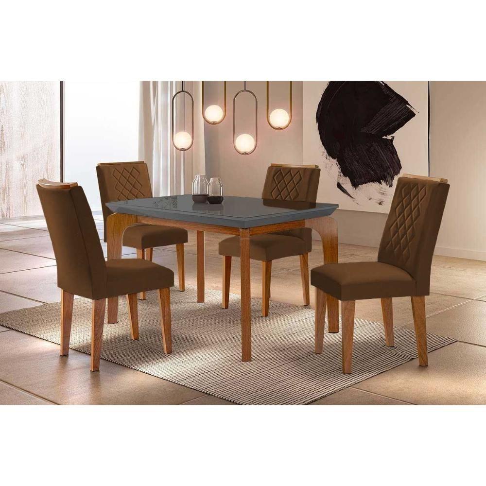 Sala de Jantar Completa Londrina c/ Tampo Madeirado Vidro Canto Reto 120x80cm e 4 cadeiras Jade Imbuia/Grafite - Veludo Marrom - Rufato - 1