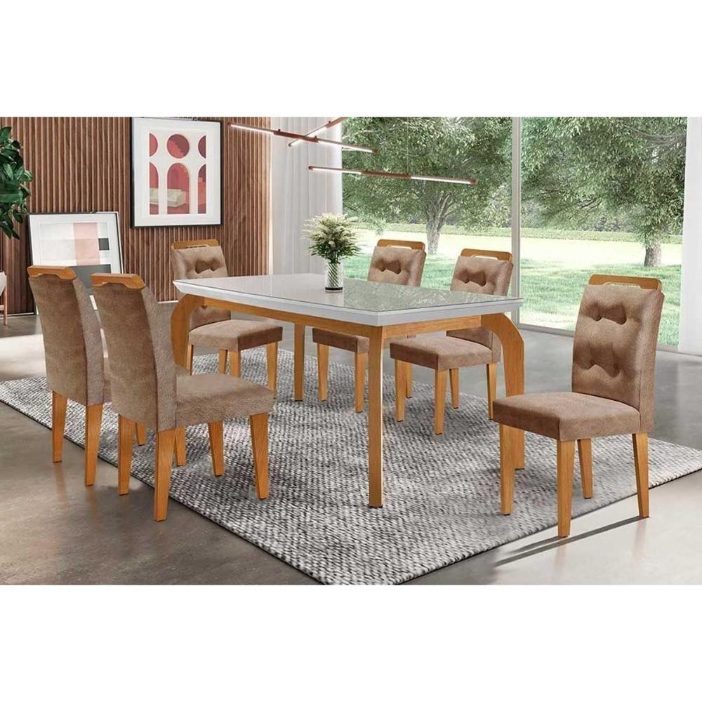 Sala de Jantar Completa Londrina c/ Tampo Madeirado Vidro Canto Reto 180x90cm e 6 cadeiras Imperatriz Imbuia - Veludo Capuccino - Rufato - 1