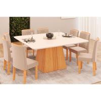 Sala de Jantar Completa Itália Tampo Madeirado c/ Vidro Curvo 136x136cm e 8 Cadeiras Zoe Cedro/Off White - Suede Creme - DJ Móveis - 1