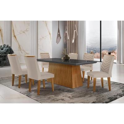 Sala de Jantar Completa Luna c/ Tampo de Vidro Canto Curvo 180x90cm e 6 cadeiras Londrina Imbuia/Grafite - Suede Creme - Rufato