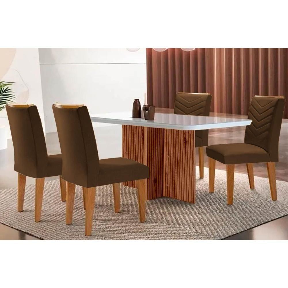 Sala de Jantar Completa Berlim c/ Tampo Madeirado Vidro Canto Curvo 120x80cm e 4 Cadeiras Londrina Imbuia/Off White - Suede Marrom - Rufato - 1
