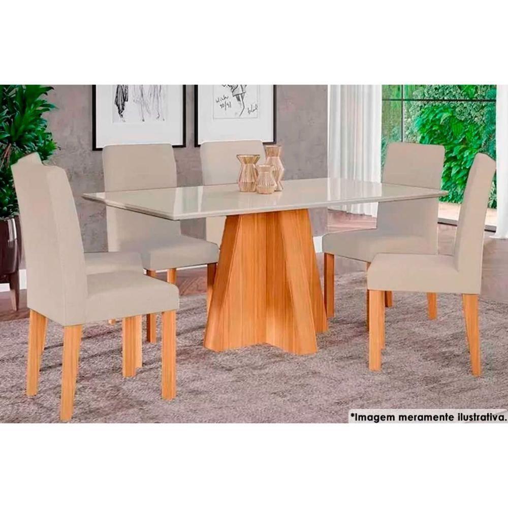 Sala de Jantar Completa Maite c/ Tampo Madeirado c/ Vidro Canto Curvo 160x80cm e 6 Cadeiras Maia Cinamomo/Suede Gengibre Bege - Cimol - 1