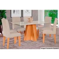 Sala de Jantar Completa Maite c/ Tampo Madeirado c/ Vidro Canto Curvo 160x80cm e 6 Cadeiras Maia Cinamomo/Suede Gengibre Bege - Cimol - 1