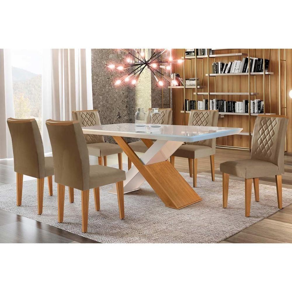 Sala de Jantar Completa Imperatriz Tampo Madeirado c/ Vidro Canto Curvo 180x90 e 6 Cadeiras Jade Imbuia/Off White - Suede Capuccino - Rufato - 1
