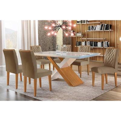 Sala de Jantar Completa Imperatriz Tampo Madeirado c/ Vidro Canto Curvo 180x90 e 6 Cadeiras Jade Imbuia/Off White - Suede Capuccino - Rufato
