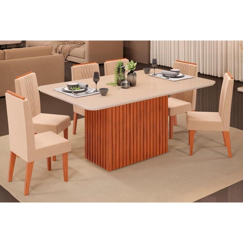 Sala de Jantar Completa Canes Tampo Madeirado c/ Vidro Curvo 170x90cm e 6 Cadeiras Lia Freijo/Off White - Suede Kraft - DJ Móveis - 1