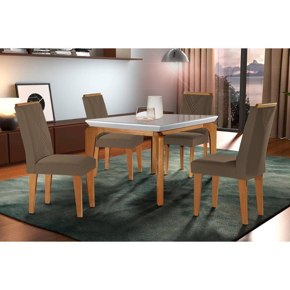 Sala de Jantar Completa Londrina c/ Tampo Madeirado Vidro Canto Curvo 120x80cm e 4 cadeiras Amsterdã Imbuia/Off White - Suede Capuccino - Rufato - 1