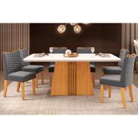 Sala de Jantar Completa Italia Tampo Madeirado c/ Vidro Curvo 170x90cm e 6 Cadeiras Julia Cedro/Off White - Suede Lunar - DJ Móveis - 1