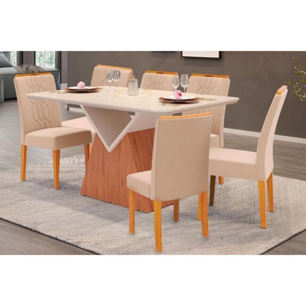 Sala de Jantar Completa Argo Tampo Madeirado c/ Vidro Curvo 136x90cm e 6 Cadeiras Zoe Freijo/Off White - Suede Creme - DJ Móveis - 1