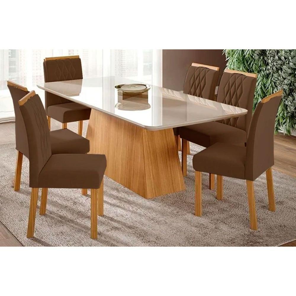 Sala de Jantar Completa Helena c/ Tampo Madeirado c/ Vidro 210x100cm e 6 Cadeiras Juliana Madeirado/Suede Joli Capuccino - Cimol - 1