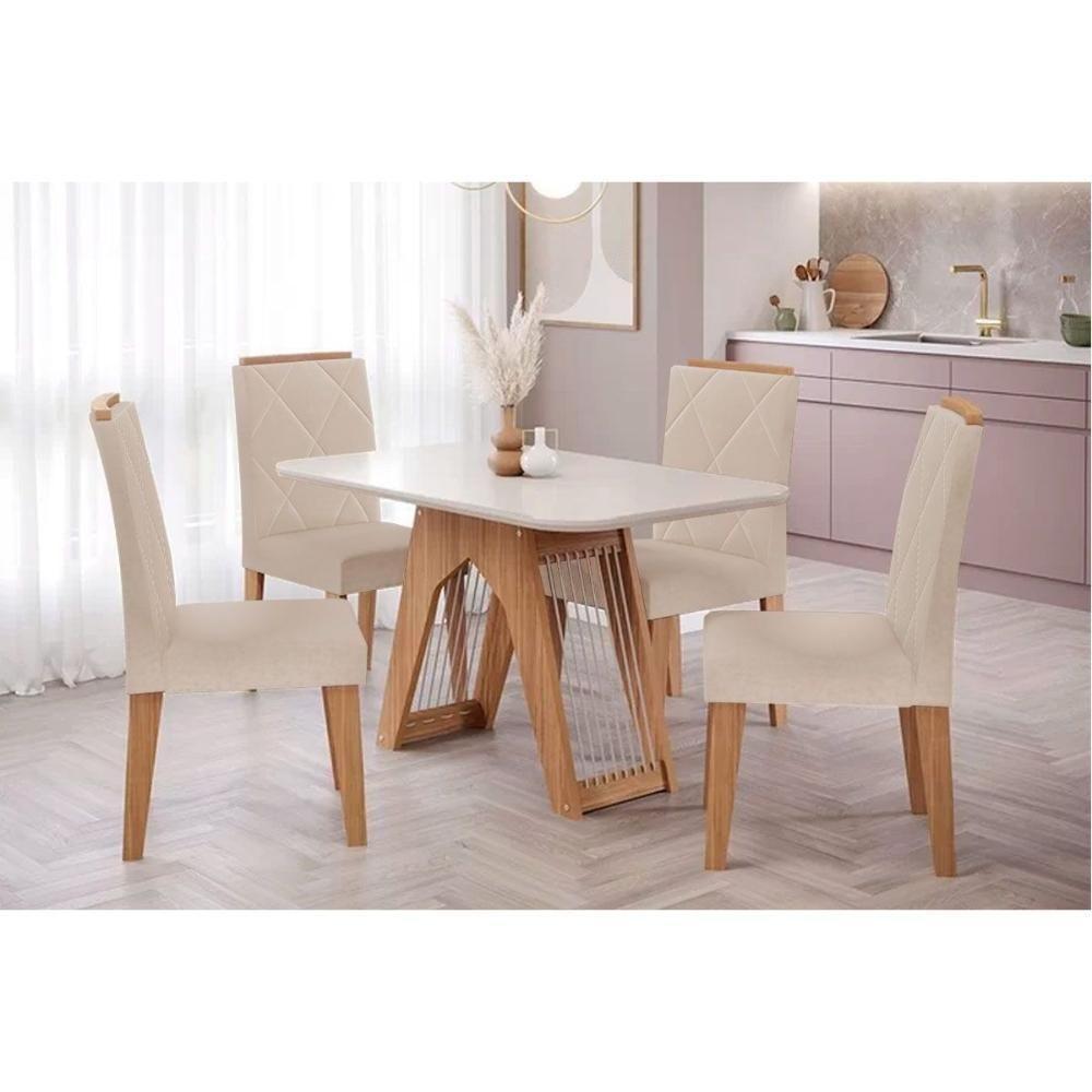 Sala de Jantar Completa Carol Tampo Madeirado c/ Vidro 130x80cm e 4 Cadeiras Fernanda Nature-Madeirado/Suede Nude Bege - Cimol - 1