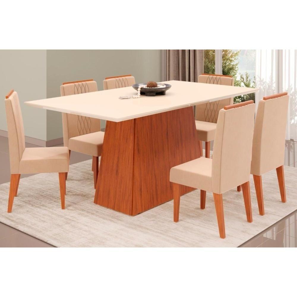 Sala de Jantar Completa Dulce Tampo Madeirado c/ Vidro Reto 180x90cm e 6 Cadeiras Lia Freijo/Off White - Suede Kraft - DJ Móveis - 1