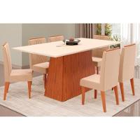 Sala de Jantar Completa Dulce Tampo Madeirado c/ Vidro Reto 180x90cm e 6 Cadeiras Lia Freijo/Off White - Suede Kraft - DJ Móveis - 1