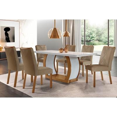 Sala de Jantar Completa Jade c/ Tampo Madeirado Vidro Canto Curvo 180x90cm e 6 cadeiras Amsterdã Imbuia/Off White - Suede Capuccino - Rufato