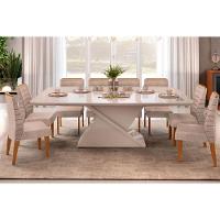 Sala de Jantar Completa Zafira Tampo Madeirado c/ Vidro Curvo 200x100cm e 8 Cadeiras Ondina Off White - Freijo/Suede Kraft - DJ Móveis - 1