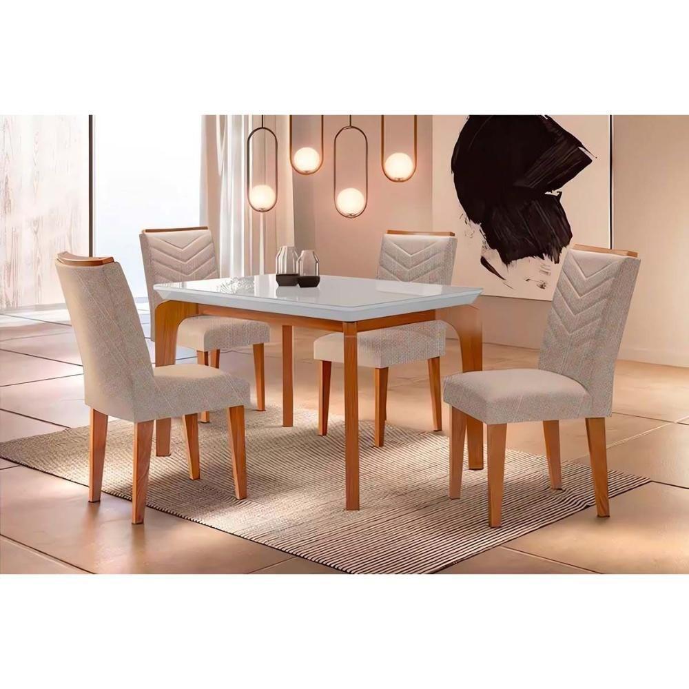 Sala de Jantar Completa Londrina Tampo Madeirado c/ Vidro Curvo 120x80cm e 4 Cadeiras Londrina Imbuia - Veludo Creme - Rufato - 1