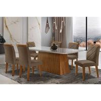 Sala de Jantar Completa Luna Tampo Madeirado c/ Vidro Curvo 180x90 e 6 Cadeiras Melissa Imbuia - Veludo Capuccino - Rufato - 1