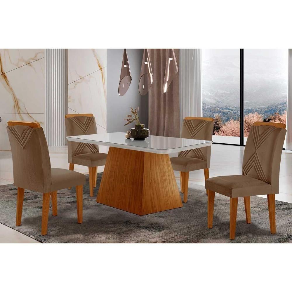 Sala de Jantar Completa Luna Tampo Madeirado c/ Vidro Canto Reto 120x80 e 4 Cadeiras Amsterdã Imbuia - Veludo Capuccino - Rufato - 1