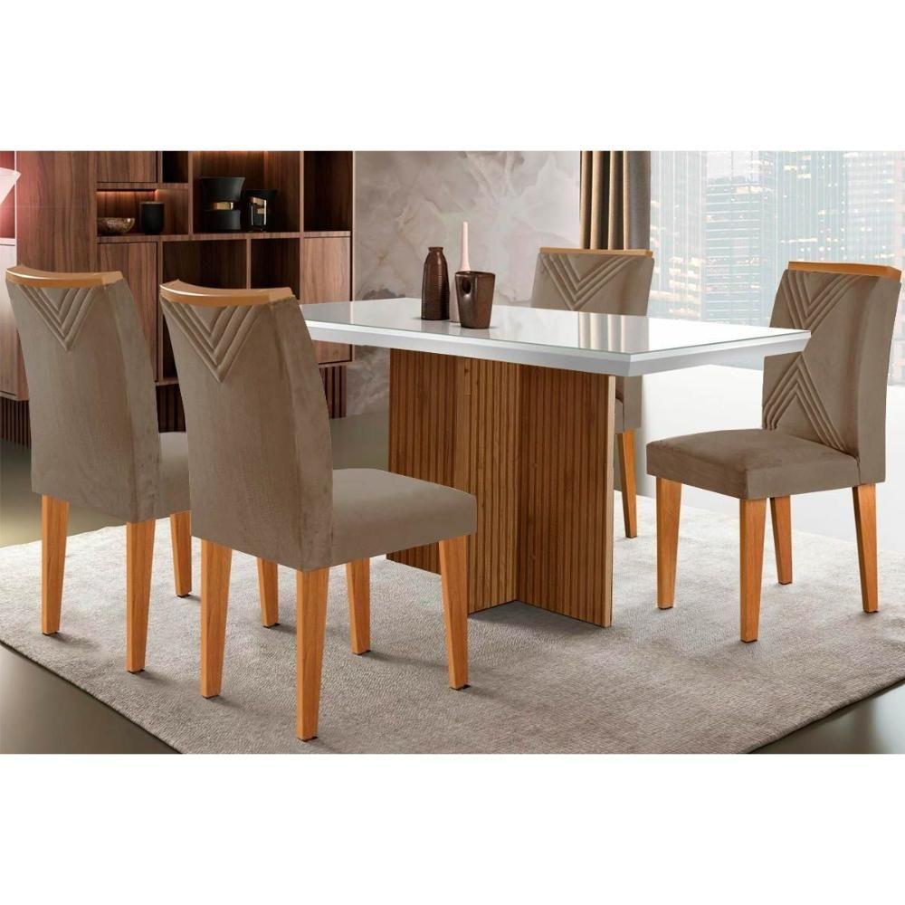 Sala de Jantar Completa Berlim c/ Tampo Madeirado Vidro Canto Curvo 120x80cm e 4 Cadeiras Amsterdã Imbuia/Off White - Suede Capuccino - Rufato - 1
