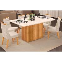 Sala de Jantar Completa Canes Tampo Madeirado c/ Vidro Curvo 170x90cm e 6 Cadeiras Bia Cedro/Off White - Linho Neve - DJ Móveis - 1