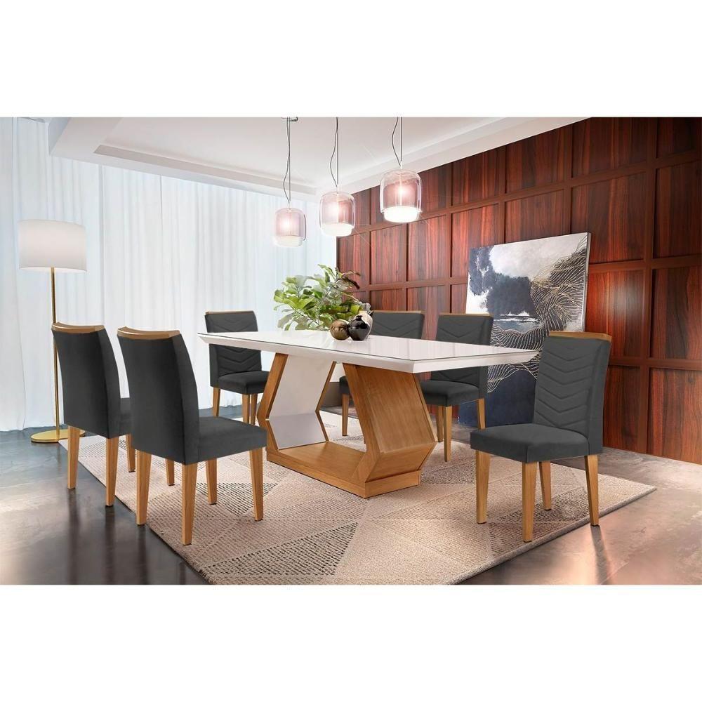 Sala de Jantar Completa Alvorada Tampo Madeirado c/ Vidro Canto Reto 180x90cm e 6 Cadeiras Londrina Imbuia/Off White - Suede Grafite - Rufato - 1