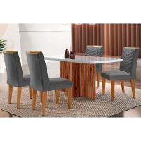 Sala de Jantar Completa Berlim c/ Tampo Madeirado c/ Vidro Canto Curvo 120x80cm e 4 Cadeiras Londrina Imbuia/Off White - Suede Grafite - Rufato - 1