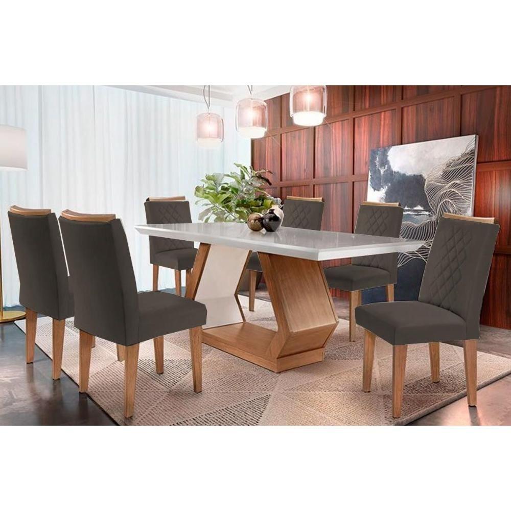 Sala de Jantar Completa Alvorada Tampo Madeirado c/ Vidro Canto Reto 180x90cm e 6 Cadeiras Jade Imbuia/Off White - Suede Grafite - Rufato - 1
